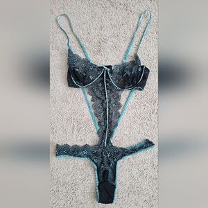 Black & Blue Sheer Floral Lace Strappy Bodysuit